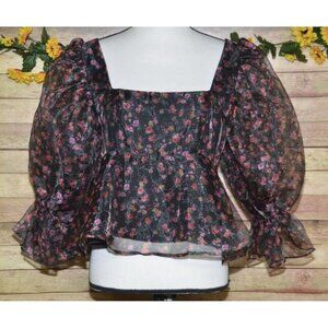 NWT Buddy Love Black Floral Puff Sleeve Peplum Blouse Top Size M Cottage Core